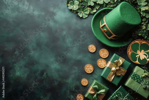 Lucky Decorations for St Patricks Day Celebration With Green Hat and Gifts