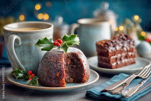 Traditional Holiday Dessert Served With Tea and Festive Decor at a Cozy Table...