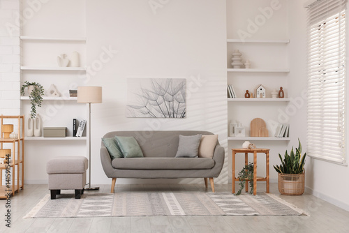 Obraz na płótnie Stylish furniture, houseplants and different decor in light living room. Interior design w salonie