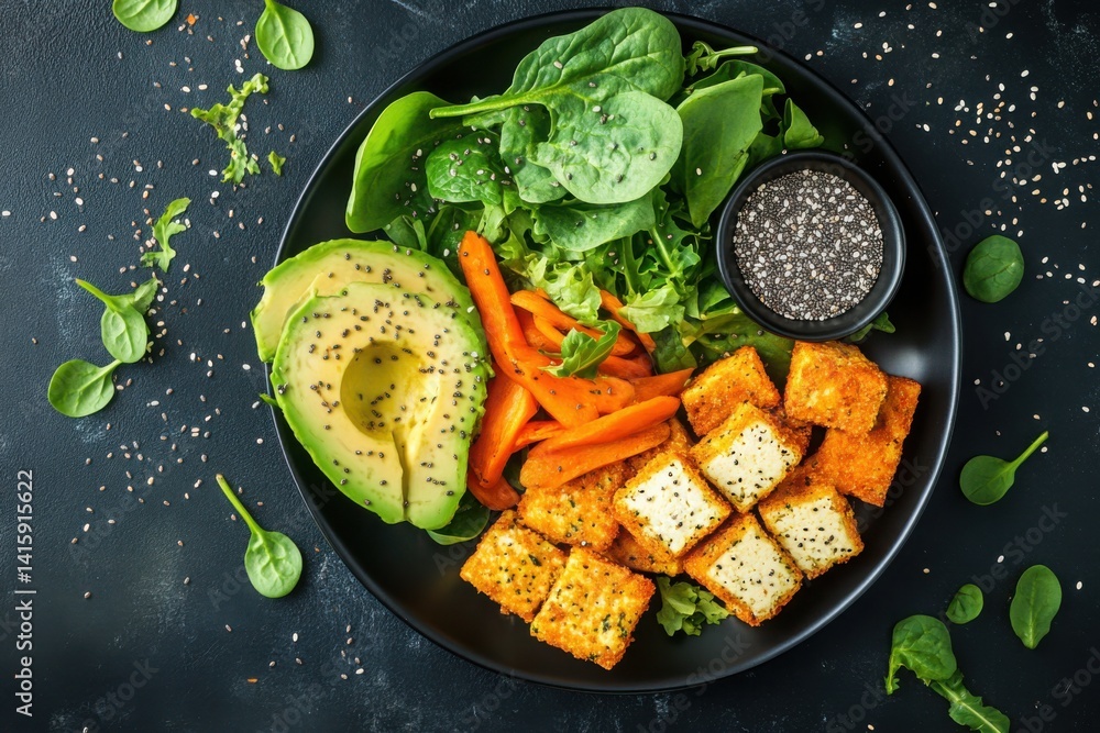 A plate with avocado tofu carrots and spinach salad A plate with avocado tofu carrots and spinach salad