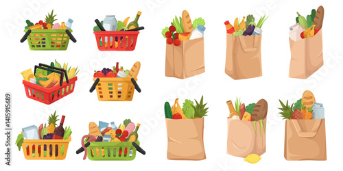 Collection of colorful grocery baskets and paper bags filled with various food items, cartoon style on white background. Concept of shopping. Vector illustration