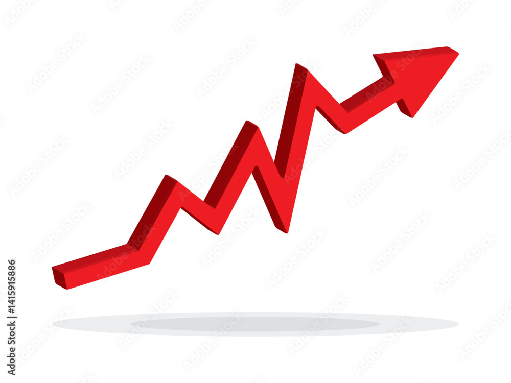 Growing business 3d red arrow on white. Profit red arrow, Vector illustration.Business concept, growing chart. Concept of sales symbol icon with arrow moving up. Economic Arrow With Growing Trend. Growing business 3d red arrow on white. Profit red arrow, Vector illustration.Business concept, growing chart. Concept of sales symbol icon with arrow moving up. Economic Arrow With Growing Trend.