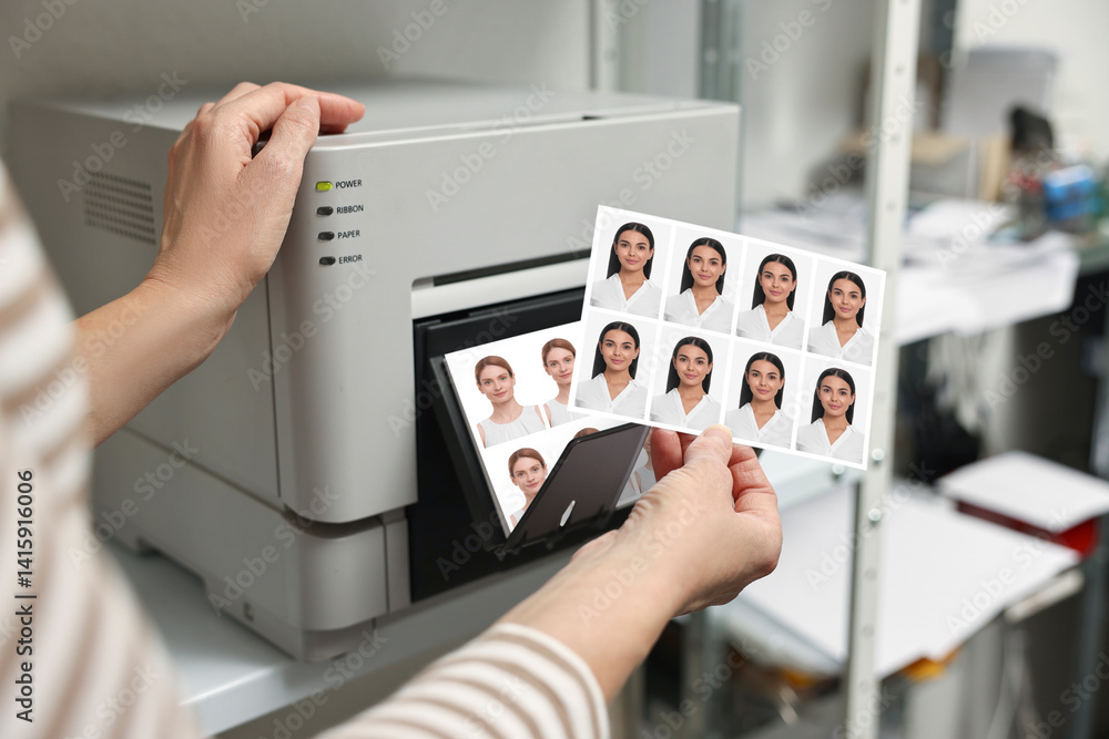 Worker with passport photos of women near modern printer indoors, closeup
