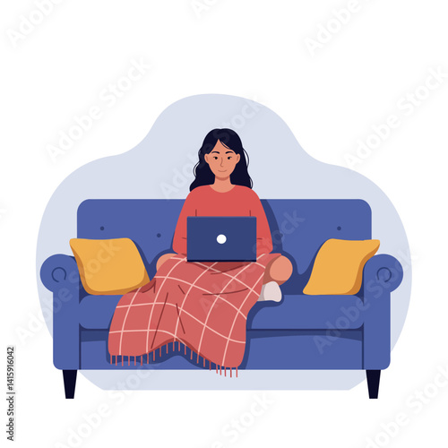 Woman sitting on blue couch using laptop covered with red plaid blanket flat design vector illustration