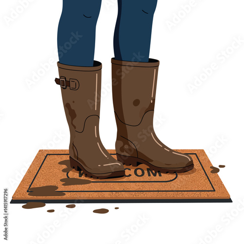 Person wearing tall brown muddy boots standing on a rectangular welcome mat flat design vector illustration