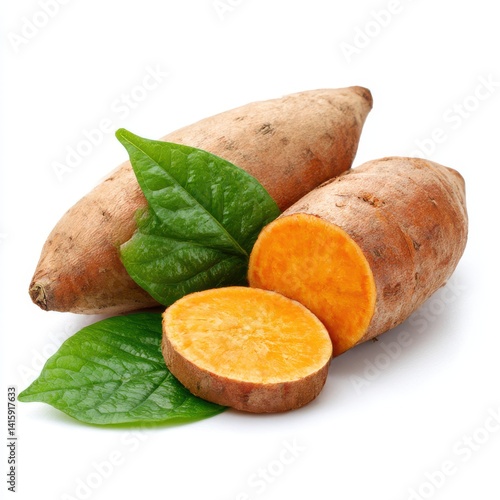 Sweet potatoes with leaves still life on white background
