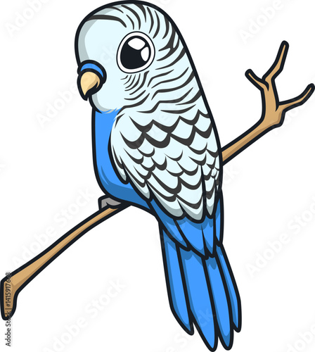 Der blaue Wellensittich mit feiner Musterung sitzt ruhig auf seinem Ast.
