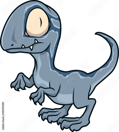 Der Velociraptor ist klein, schnell und schaut mit großen Augen neugierig.
