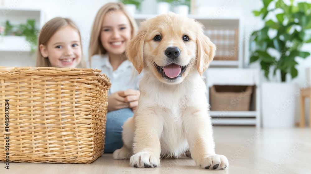 Adorable golden retriever puppy playing with happy children indoor setting Adorable golden retriever puppy playing with happy children indoor setting