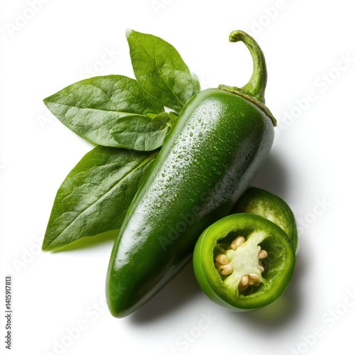 Fresh jalapeno with leaves and slices on white background