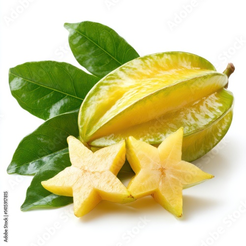 Starfruit with leaves still life on white background