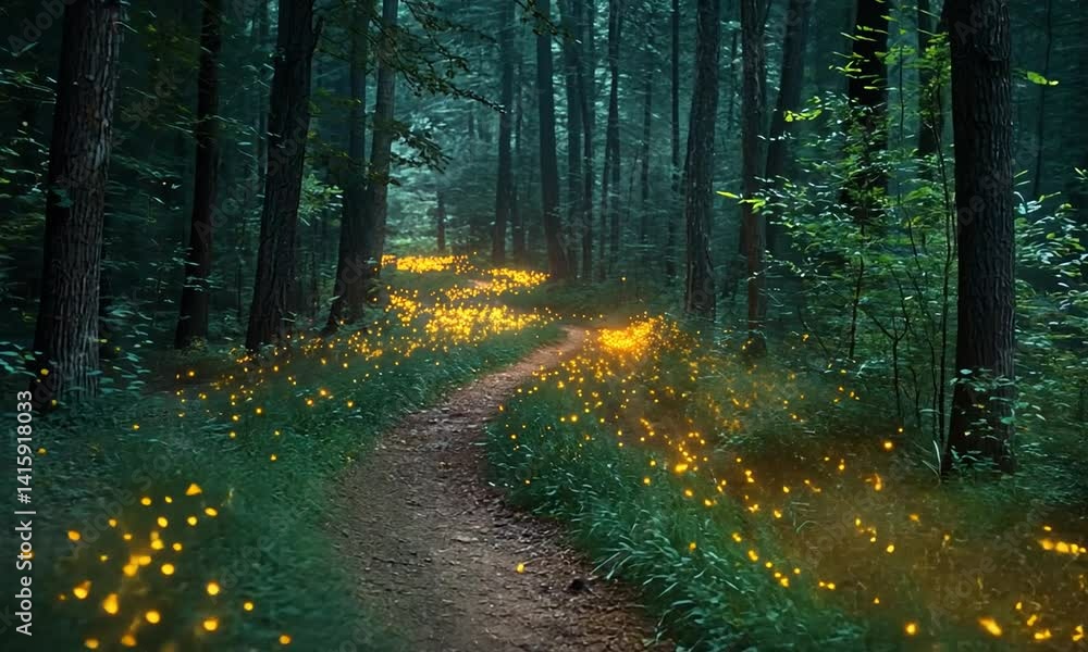 Enchanted forest path illuminated by fireflies, surrounded by lush greenery and trees at dusk Enchanted forest path illuminated by fireflies, surrounded by lush greenery and trees at dusk