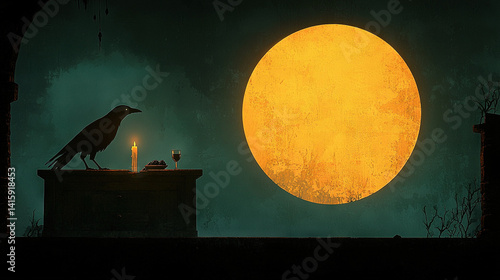   A black bird perched atop a table beside a flickering candle, framed by a grand yellow moon