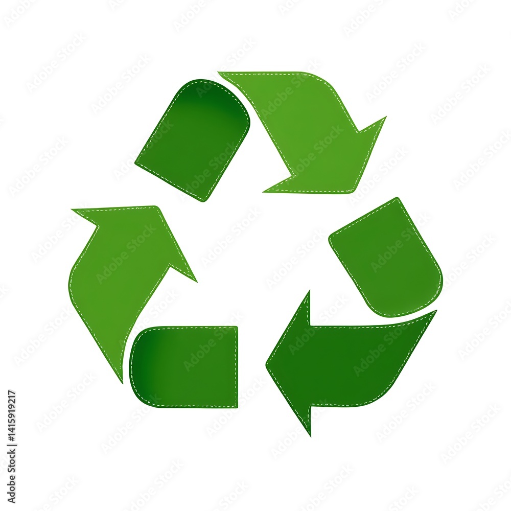 Fototapeta premium Green recycle symbol with arrows and stitched edges isolated on white background