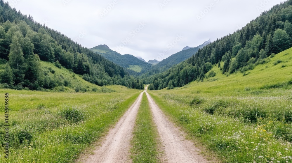 Serene mountain path through verdant valley. A picturesque dirt road winds through a lush valley, flanked by rolling hills and dense forests Serene mountain path through verdant valley. A picturesque dirt road winds through a lush valley, flanked by rolling hills and dense forests