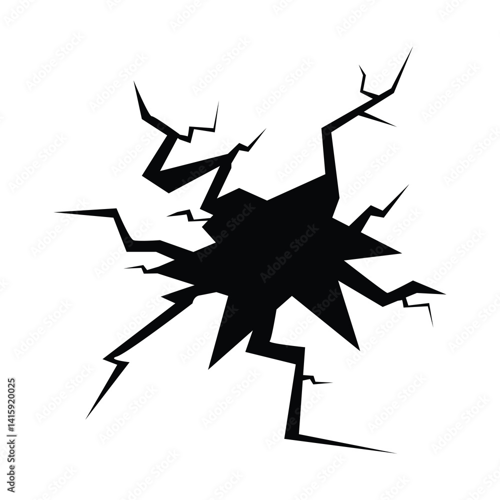 Wall crack icon. Hole in floor, broken glass symbol top view, break effect design