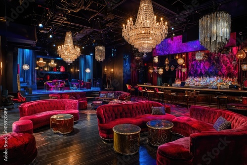 Luxurious lounge with plush red velvet seating, glittering chandeliers, and a stunning bar.