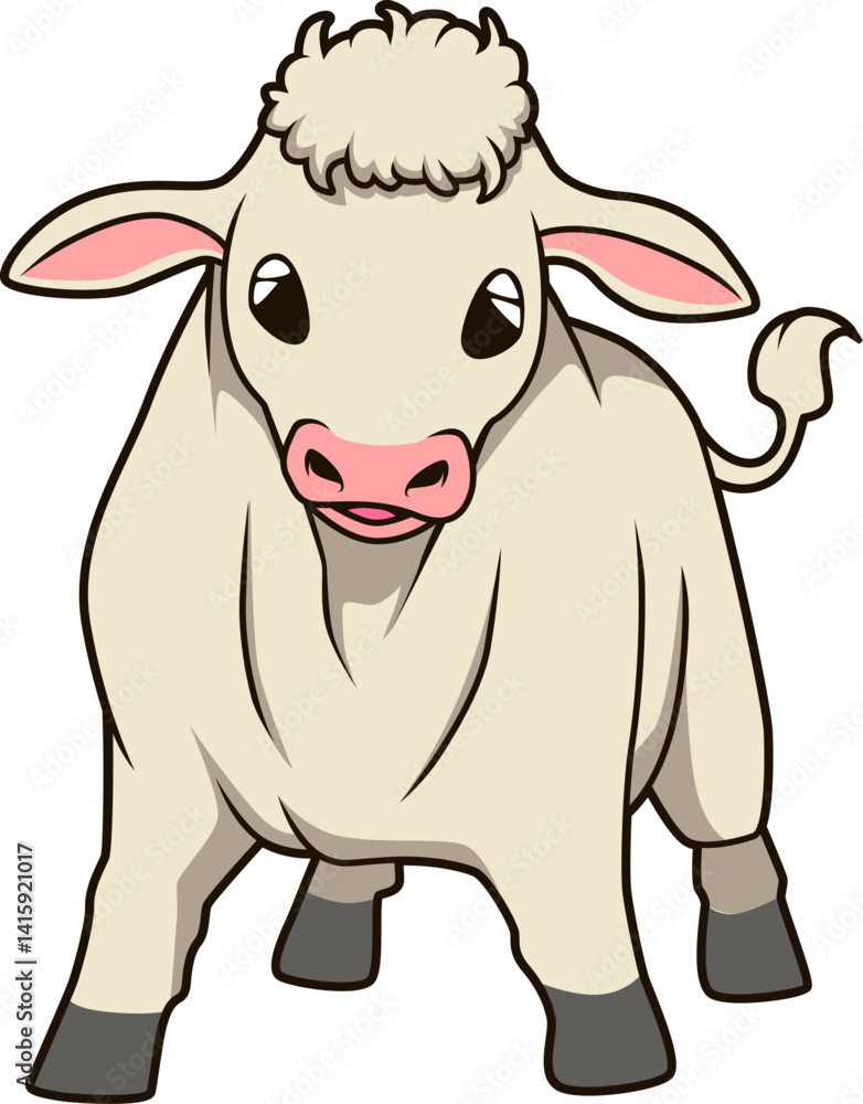 Fototapeta premium Weißes Rind mit rosa Schnauze – freundlich und robust im Comic-Look für ländliche Szenen. 
