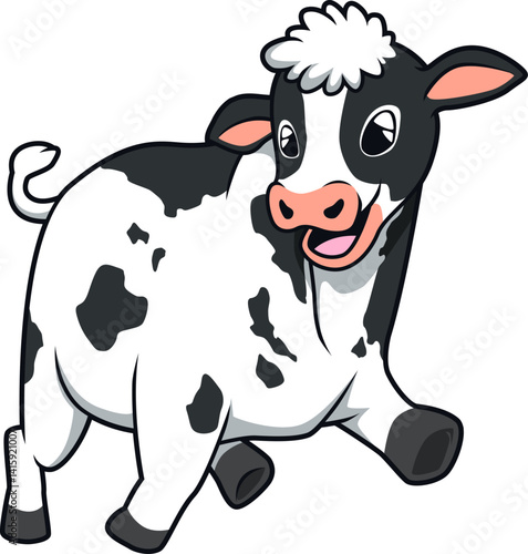 Fröhliche Holstein-Kuh im Comic-Stil – klassisches schwarzweißes Nutztier für Bauernhofmotive.
