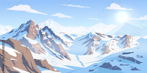 Majestic snow-covered mountain peaks with sunlight and clouds in a clear blue sky, stylized landscape on a scenic nature background. Vector illustration