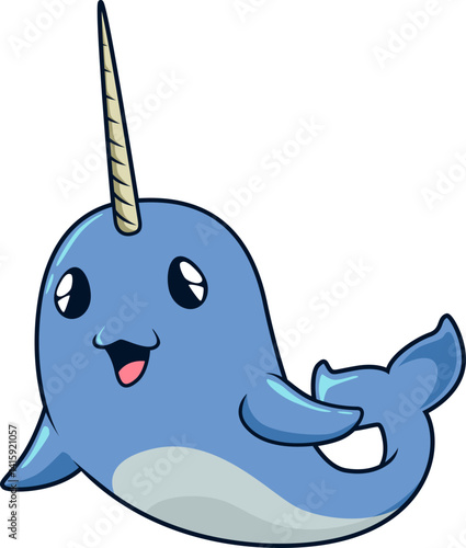 Lächelnder Narwal mit Horn – süßes Meerestier im Cartoon-Stil, perfekt für Kinder-Content.

