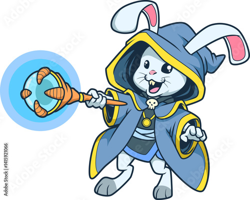 Magischer Hase mit Zauberstab in blauer Robe und Kapuze – süßer Fantasy-Charakter für Spiele und Geschichten.
