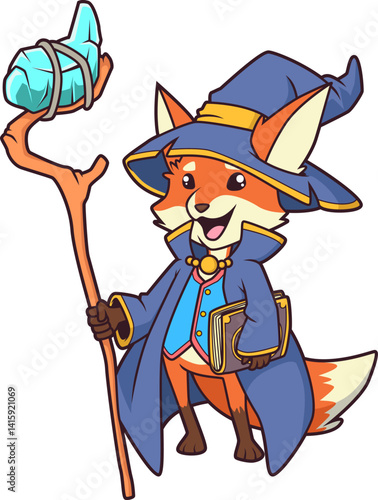 Fuchs mit Zauberstab und Zauberbuch in magischer Kleidung.

