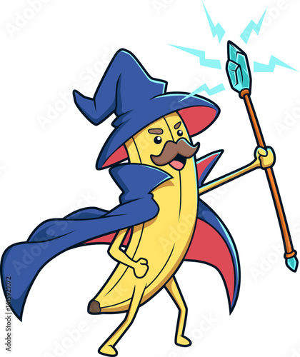 Banane als Zauberer mit Hut, Umhang und Stab.
