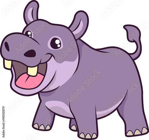 Lachendes Nilpferd mit breitem Maul und fröhlicher Ausstrahlung.
