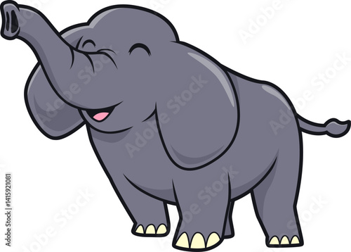 Lächelnder Elefant mit erhobenem Rüssel und fröhlichem Ausdruck.
