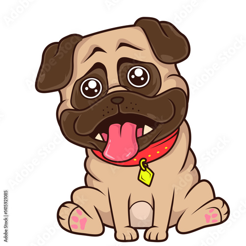 Niedlicher Mops mit großem Kopf und treuen Augen.
