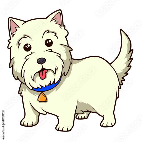 Weißer Westie mit wuscheligem Fell und fröhlichem Blick.
