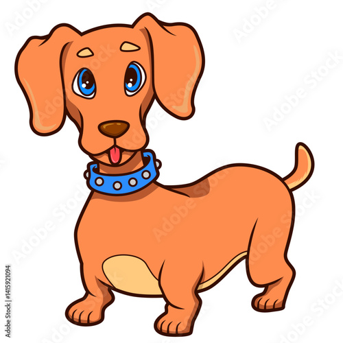 Lustiger Dackel mit großem Kopf und blauem Halsband.
