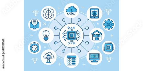 AI, Technology, and Cloud Computing Icons Representing Smart Devices, Data Networks, Machine Learning, and Global Connectivity Solution