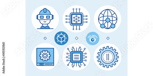 Virtual Reality, AI, and Technology Icons Representing Smart Systems, Digital Networks, Data Processing, and Innovation in Machine Learning