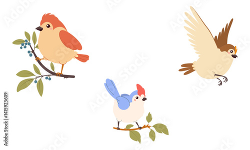 Cute birds on branches and in flight. Adorable vector illustration for children's designs, nursery prints, greeting cards and nature-themed projects. Bright and cheerful collection.