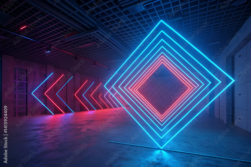 Fototapeta premium abstract 3d render, blue red neon lines, rhombus shape inside empty room, virtual space, ultraviolet light, disco club 