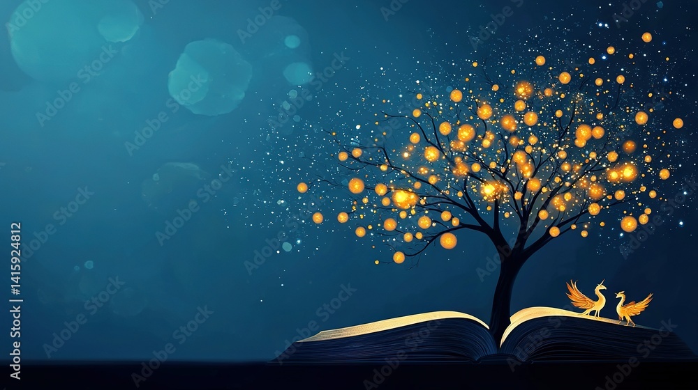 Fototapeta premium An open book with a tree on its cover and a bird perched on one of the pages