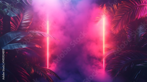 Neon Glow Amidst Tropical Leaves, Neon lights illuminate tropical leaves with a misty, futuristic ambiance