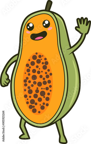 Niedliche Papaya mit fröhlichem Gesicht und Armen im Kawaii-Stil.
