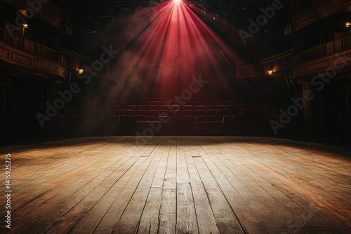 Empty theater stage with red spotlight illuminating wooden floor and rows of empty seats.
