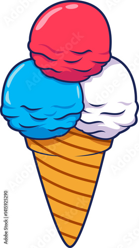 Dreifarbige Kugeln in rot, blau und weiß auf Waffel – klassische Eiscreme im patriotischen Stil.
