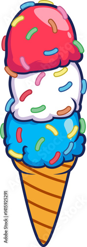 Dreifach-Eis mit bunten Streuseln und USA-Farben – verspieltes Design für Sommer und Süßes.
