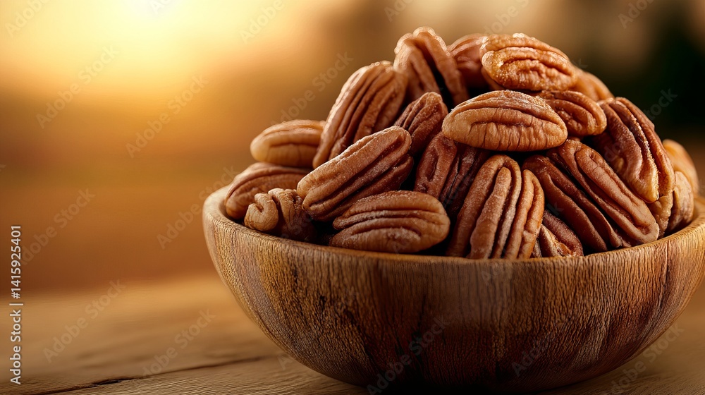 Pecans are arranged in a wooden bowl, displayed on a wooden surface with blurred golden lighting. Pecans are arranged in a wooden bowl, displayed on a wooden surface with blurred golden lighting.
