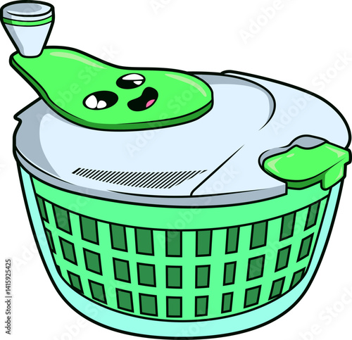 Witzige grüne Salatschleuder mit Gesicht – charmantes Küchenmotiv im lustigen Cartoon-Stil.
