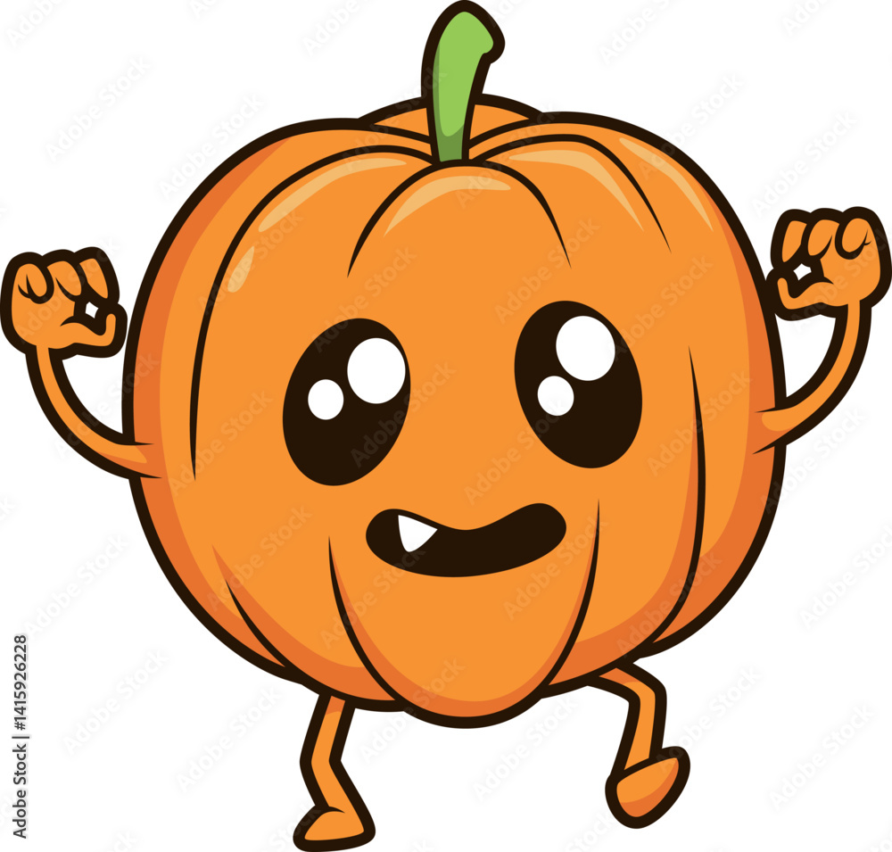 Obraz premium Lustiger Kürbis mit Zähnchen und erhobenen Armen, bereit für Halloween. 
