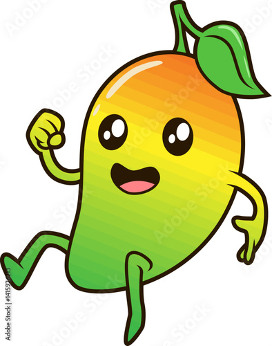 Springende Mango mit fröhlichem Gesicht und leuchtenden Farben, voller Energie.
