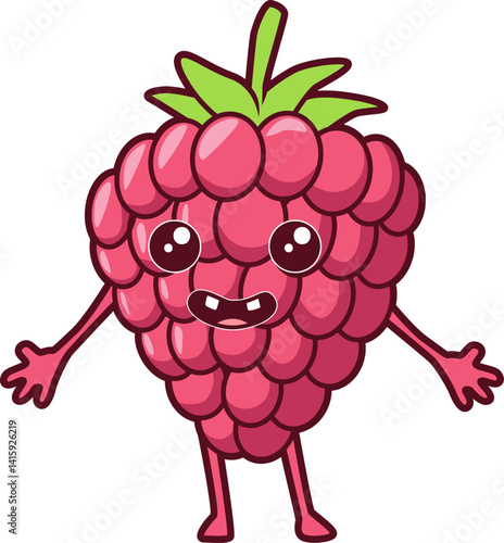 Fröhliche Himbeere mit Armen und Beinen im süßen Cartoon-Stil, große Augen und Lächeln.

