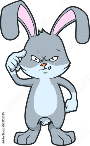 Selbstbewusster Hase mit entschlossenem Blick und Pfote an der Stirn, Comic-Design.
