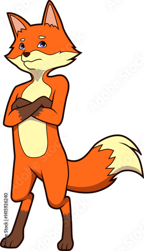 Nachdenklicher Fuchs mit verschränkten Armen, ernster Gesichtsausdruck, stehende Pose.
